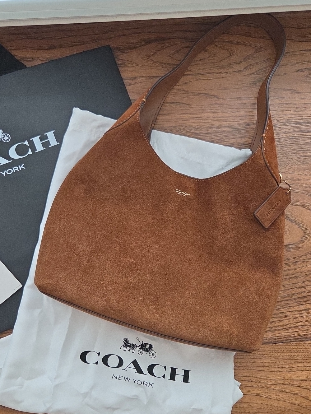 COACH BROOKLYN SHOULDER BAG 28 WARM BROWN SUEDE LEATHER HOBO MINIMALIST - Picture 6 of 16